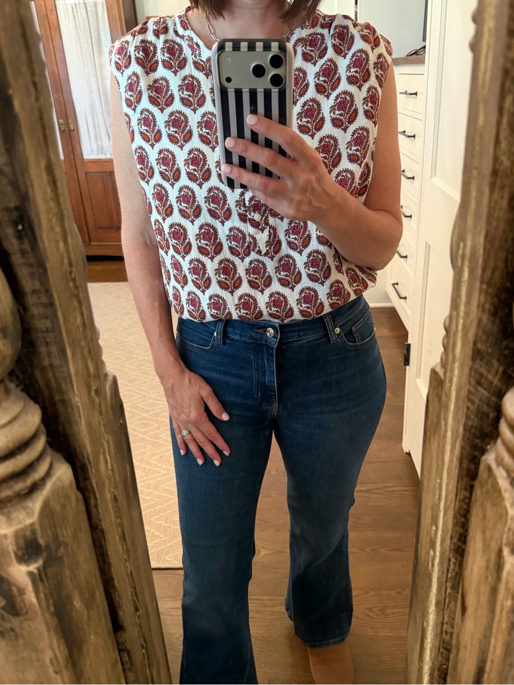 J. Crew Red & White Block Print Top